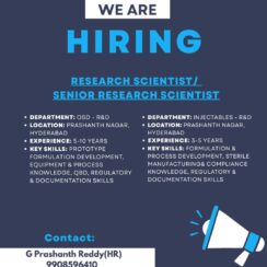 Hiring Research Scientist & Senior Research Scientist – OSD & Injectables R&D | Extrovis, Hyderabad