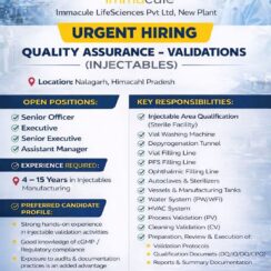 Immacule LifeSciences Urgent Hiring 2025: QA Validation Jobs in Injectables – Nalagarh (Senior Officer to Assistant Manager)
