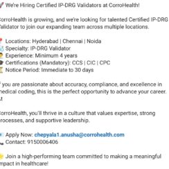 CorroHealth Hiring Certified IP-DRG Validators | Hyderabad, Chennai, Noida | CCS/CIC/CPC Mandatory | 4+ Years Exp