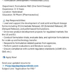 Aurobindo Pharma Formulation Development Job | OSD R&D Hyderabad | M Pharm Freshers 2025