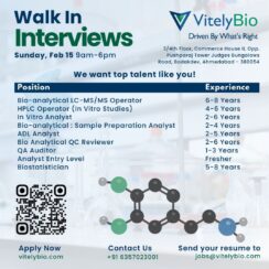 VitelyBio Walk-in Interviews Ahmedabad | Feb 15 | Bio-analytical LC-MS/MS, HPLC Operator, Freshers & Experienced