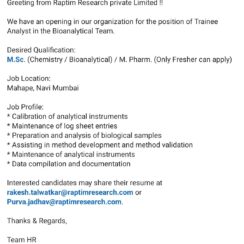 Trainee Analyst Job Opening at Raptim Research – M.Sc. Chemistry / M.Pharm Fresher | Mahape, Navi Mumbai