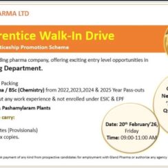 Gland Pharma Mega Apprentice Walk-In Drive 2026 | Production & Packing Freshers Jobs for ITI/Diploma/BSc Chemistry – Hyderabad