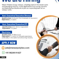 Mewar Polytex Group Udaipur Jobs 2025 | Assistant Executive, IT, Electrician Vacancies