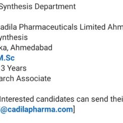Cadila Pharmaceuticals Synthesis Department Hiring | Research Associate Job Ahmedabad | M.Sc 1-3 Years