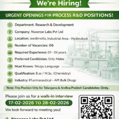 Urgent Hiring Process R&D Chemists at Nasense Labs | Walk-in Interview Hyderabad 2026 | B.Sc M.Sc Chemistry Jobs in API Pharma Urgent Hiring Process R&D Chemists at Nasense Labs | Walk-in Interview Hyderabad 2026 | B.Sc M.Sc Chemistry Jobs in API Pharma