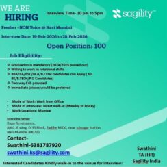 Non-Voice Fresher Jobs in Navi Mumbai | Sagility Walk-in Drive (19th Feb – 28th Feb 2026) Non-Voice Fresher Jobs in Navi Mumbai | Sagility Walk-in Drive (19th Feb – 28th Feb 2026)