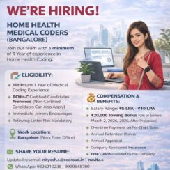 Hiring Home Health Medical Coders in Bangalore | BCHH-C Preferred | Salary up to ₹10 LPA + Benefits