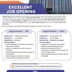 Hiring IRA & Exim Professionals in Ahmedabad | BioMatrix Healthcare | M.Pharm for IRA | 1-10 Years Experience