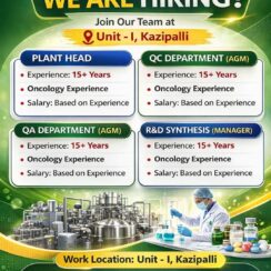 Pharma Job Openings at Emar: Plant Head, QC, QA & R&D Manager Roles in Oncology (Kazipalli)