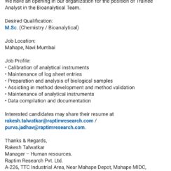Hiring: Trainee Analyst (Bioanalytical) – M.Sc. Chemistry – Mahape, Navi Mumbai