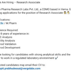 Research Associate Job in Goa | VerGo Pharma Hiring M.Sc / M.Pharm with HPLC & Method Validation Experience