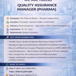Quality Assurance Manager Job in Hyderabad | Sun Pharma (Zenotech) Hiring for Injectables & Sterile QA