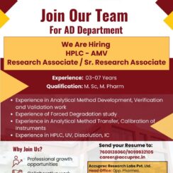 Research Associate Job in Ahmedabad | Accuprec Research Labs Hiring M.Sc / M.Pharm for HPLC Method Development