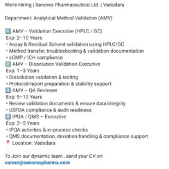 Pharma Jobs in Vadodara: Analytical Method Validation (AMV) – Senores Pharmaceutical Ltd. Pharma Jobs in Vadodara: Analytical Method Validation (AMV) – Senores Pharmaceutical Ltd.