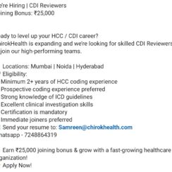 Hiring CDI Reviewers | ₹25,000 Joining Bonus | Mumbai, Noida, Hyderabad | ChirokHealth Hiring CDI Reviewers | ₹25,000 Joining Bonus | Mumbai, Noida, Hyderabad | ChirokHealth