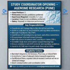 Study Coordinator – Agenome Research (Pune) | Clinical Research Opening (2 Positions, 6 months–1 year experience) Study Coordinator – Agenome Research (Pune) | Clinical Research Opening (2 Positions, 6 months–1 year experience)