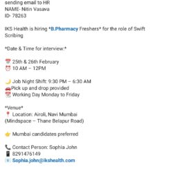 Walk-In Drive for Swift Scribing Role at IKS Health | B.Pharmacy Freshers | Night Shift with Cab | Airoli (25th & 26th Feb) Walk-In Drive for Swift Scribing Role at IKS Health | B.Pharmacy Freshers | Night Shift with Cab | Airoli (25th & 26th Feb)