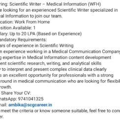 Scientific Writer Medical Information WFH Job | Medical Content Writer Vacancy India | 20 LPA Salary Scientific Writer Medical Information WFH Job | Medical Content Writer Vacancy India | 20 LPA Salary