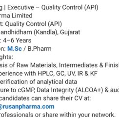 API QC Executive Job Opening at Rusan Pharma – Gandhidham (Kandla) API QC Executive Job Opening at Rusan Pharma – Gandhidham (Kandla)