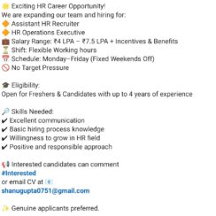 HR Job Openings: Assistant Recruiter & Operations Executive | Freshers Welcome | ₹4-7.5 LPA HR Job Openings: Assistant Recruiter & Operations Executive | Freshers Welcome | ₹4-7.5 LPA
