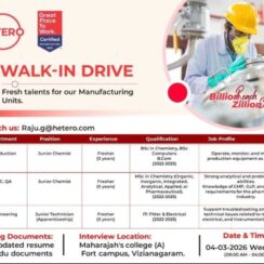 Walk-in Drive for Freshers – Production, QC, QA & Engineering | Hetero | Vizianagaram | 4th March 2026