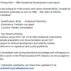 Hiring R&D – Analytical Chemistry | M.Sc. Freshers | Cadila Pharma | Dholka, Ahmedabad