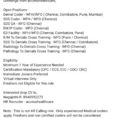 Access Healthcare Medical Coding Jobs 2026: Denial Coder, SDS & ED Facility Openings in Chennai, Coimbatore, Pune | WFH/WFO Opportunities for Certified Experienced Coders (CPC, CCS, CIC) Access Healthcare Medical Coding Jobs 2026: Denial Coder, SDS & ED Facility Openings in Chennai, Coimbatore, Pune | WFH/WFO Opportunities for Certified Experienced Coders (CPC, CCS, CIC)