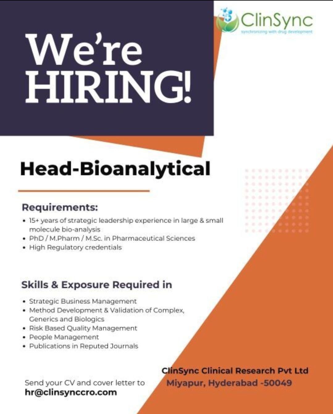 ClinSync Hiring: Head-Bioanalytical (Ph.D. / M.Sc.) – 15+ Years ...