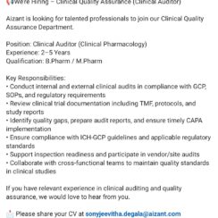 Clinical Auditor Job in Clinical Quality Assurance | Aizant Recruitment 2025 | B.Pharm / M.Pharm Clinical Auditor Job in Clinical Quality Assurance | Aizant Recruitment 2025 | B.Pharm / M.Pharm