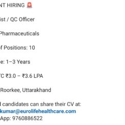 Urgent Requirement for QC Chemist / Officer – Pharma (Roorkee) | 10 Positions