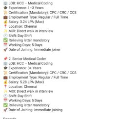 Hiring HCC Medical Coder & Senior Medical Coder | CPC/CRC/CCS Certified | Chennai Walk-in Drive | Immediate Joiner