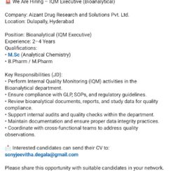 IQM Executive (Bioanalytical) – Hyderabad – Aizant – M.Sc/B.Pharm/M.Pharm