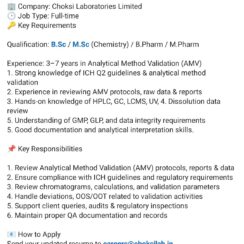 Hiring AMV Reviewer | Analytical Method Validation Specialist | Choksi Laboratories Limited