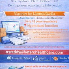 Hetero Healthcare Hiring Msc Chemistry/B.Pharmacy for QA/RA | Hyderabad | CDSCO/SDA Expertise
