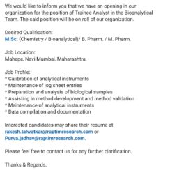 Raptim Research Hiring Trainee Analyst | Bioanalytical Team | Mahape, Navi Mumbai | M.Sc, B.Pharm, M.Pharm