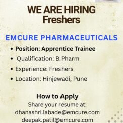 Apprentice Trainee Job at Emcure Pharma for B.Pharm Freshers | Pune Location | Walk-in or Email Resume