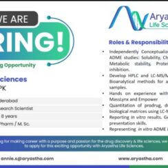 DMPK Scientist Vacancy – Aryastha Life Sciences | 6-8 Years Experience | In Vitro ADME | LC-MS/MS Expert