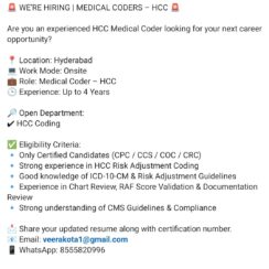 HCC Medical Coder Job in Hyderabad | Hiring Certified CPC/CRC Coders (0-4 Years)