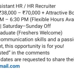 Assistant HR / HR Recruiter Job | Salary ₹38k–₹70k | 5 Days Working | Freshers Welcome