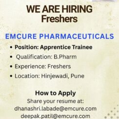 Emcure Pharmaceuticals Apprentice Trainee Recruitment 2026 | B.Pharm Freshers | Hinjewadi, Pune Emcure Pharmaceuticals Apprentice Trainee Recruitment 2026 | B.Pharm Freshers | Hinjewadi, Pune