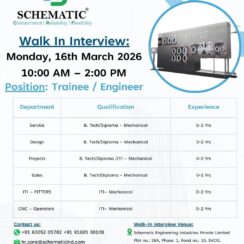 Walk-in Interview 2026: Trainee Engineer, ITI Fitter & CNC Operator Jobs at Schematic Engineering | Hyderabad | March 16 Walk-in Interview 2026: Trainee Engineer, ITI Fitter & CNC Operator Jobs at Schematic Engineering | Hyderabad | March 16