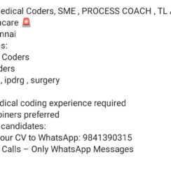 Medical Coding Jobs in Chennai | Omega Healthcare Hiring E/M IP/OP, Ancillary Coders, SME, TL Medical Coding Jobs in Chennai | Omega Healthcare Hiring E/M IP/OP, Ancillary Coders, SME, TL