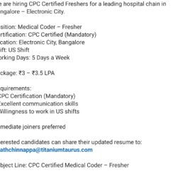 Hiring CPC Certified Medical Coder Fresher | Electronic City Bangalore | US Shift | ₹3.5 LPA