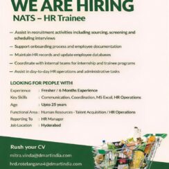 HR Trainee Job in Hyderabad | Freshers Recruitment at NATS Dmart – Apply Now