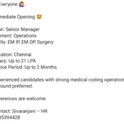 Senior Manager – Operations (Medical Coding) Job Opening in Chennai | EM IP / EM OP / Surgery | Salary up to 21 LPA