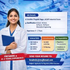 Regulatory Affairs Executive Job Hyderabad | Freshers B.Pharm M.Tech Biomedical | MajikMed