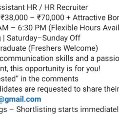 Hiring Assistant HR / HR Recruiter | In-Hand Salary ₹38K–₹70K + Bonuses | Freshers Welcome | 5 Days Working