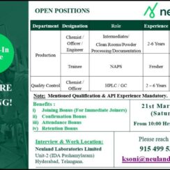 Neuland Labs Hiring 2026: Walk-In for Chemist, Officer, Engineer | B.Sc/M.Sc/B.Tech | API Experience Mandatory