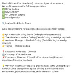 Medical Coder, QA, Team Leader, Assistant Manager & Trainer Roles – Apply Now with Required Certifications